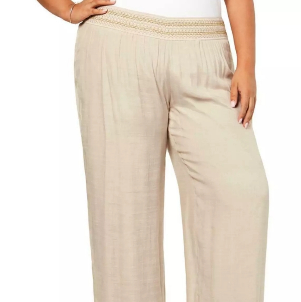 JM Collection Women's 1X Beige Metallic Trim Casual‎ Wide Leg Pants